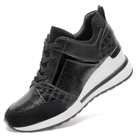 BLACK Wedge Sneakers Lightweight Walking Shoes - Picture 1 of 6
